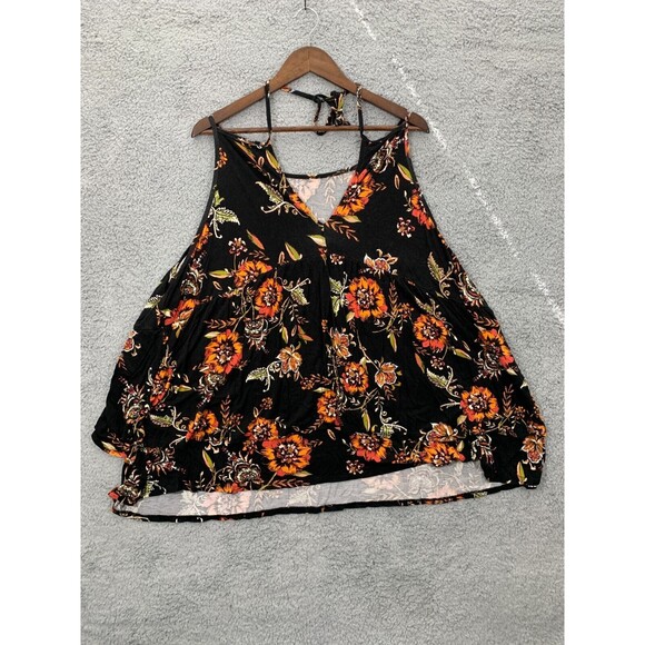TORRID 5 Spaghetti Strap Black Orange Floral Tiered Tie-Neck Blouse Top Drapey - Picture 6 of 10